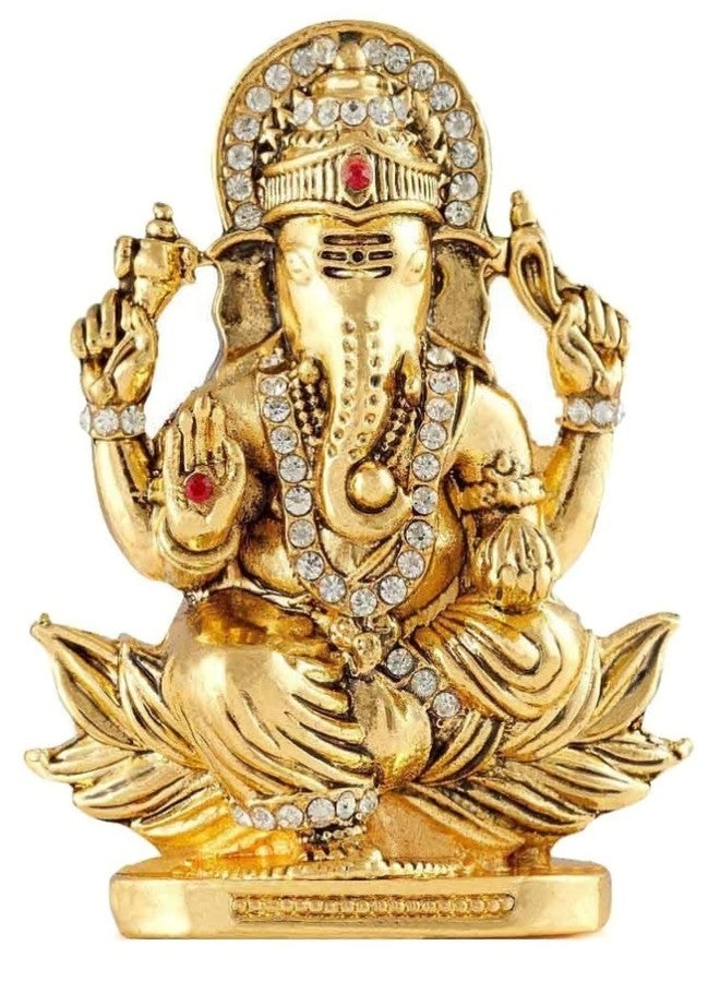 GCT Lord Ganesh Idol Ganesha Sitting on Lotus Statue Ganpati Vinayaka Murti (B-155) Gold Metal Statue for Home Décor Car Dashboard Mandir Pooja Murti Temple Puja Office Table Showpiece - Image 1